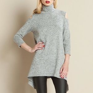 Clara Sun Woo Open Shoulder Long Sleeve Turtle Neck Grey Tunic Size Small
